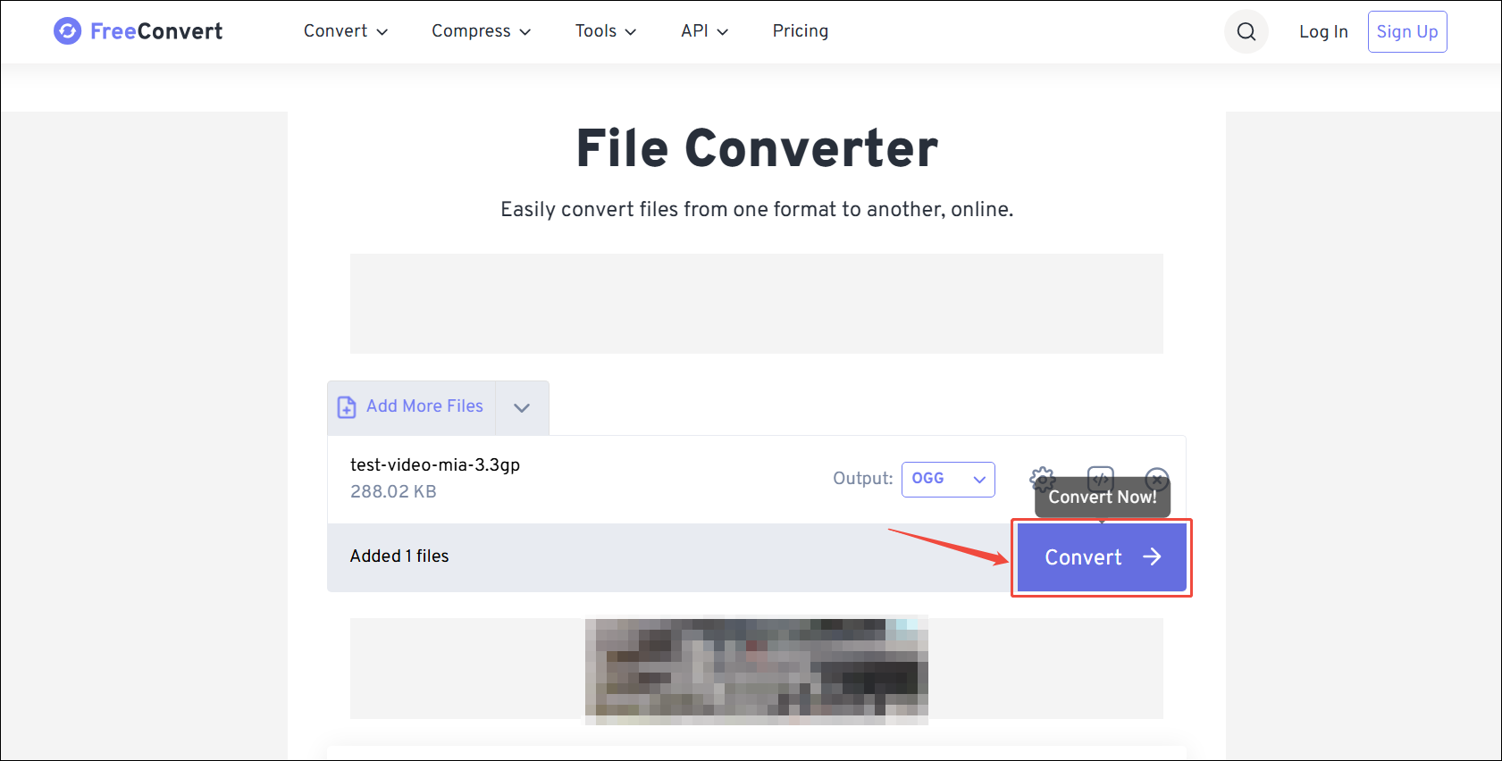 FreeConvert webpage with the Convert option selected.