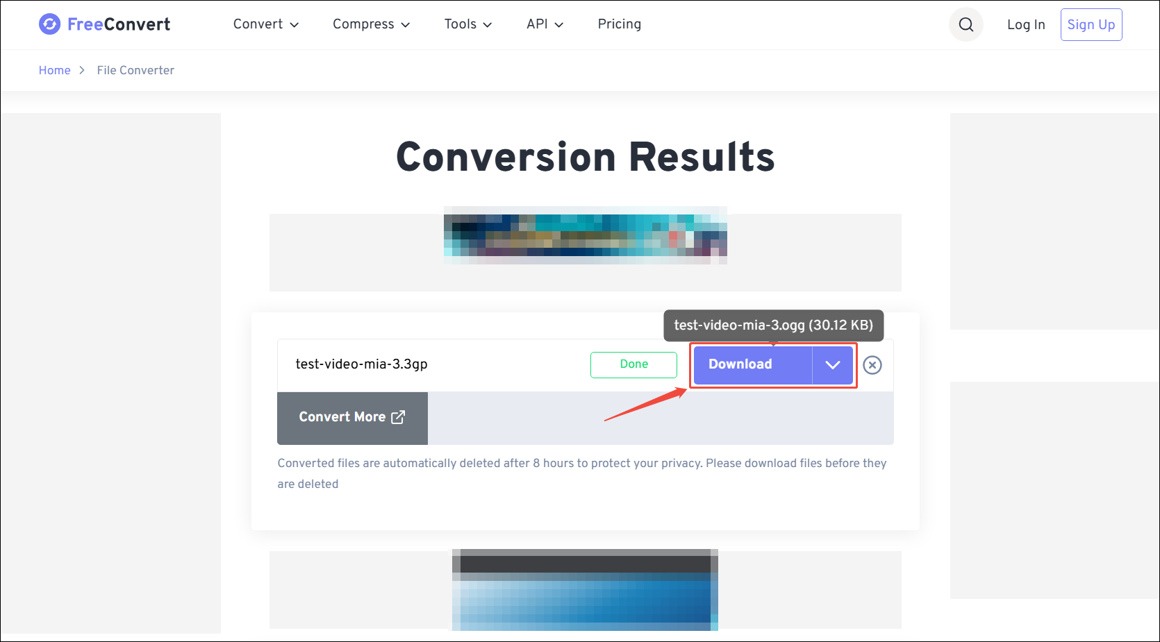 FreeConvert download page with the Download option selected.