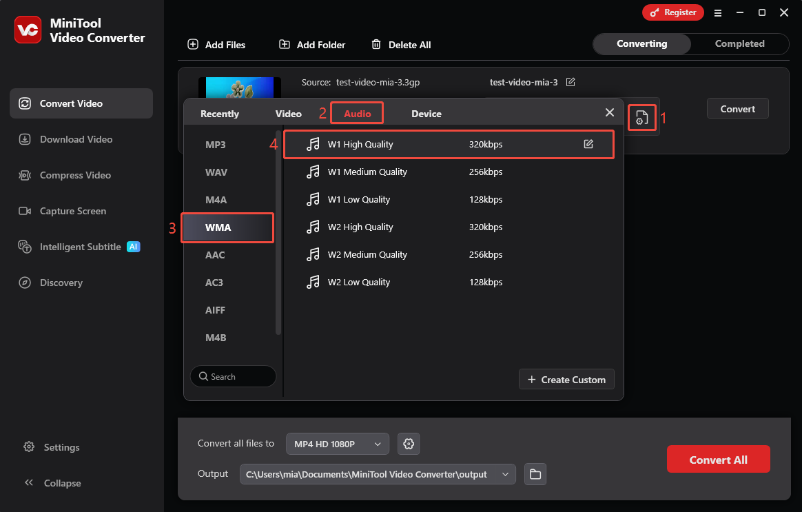 MiniTool Video Converter interface showing how to choose WMA as output format.