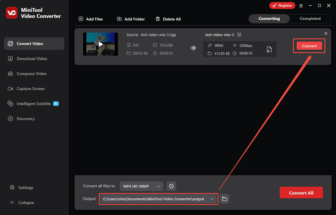 MiniTool Video Converter interface showing how to select the output folder and how to start conversion.