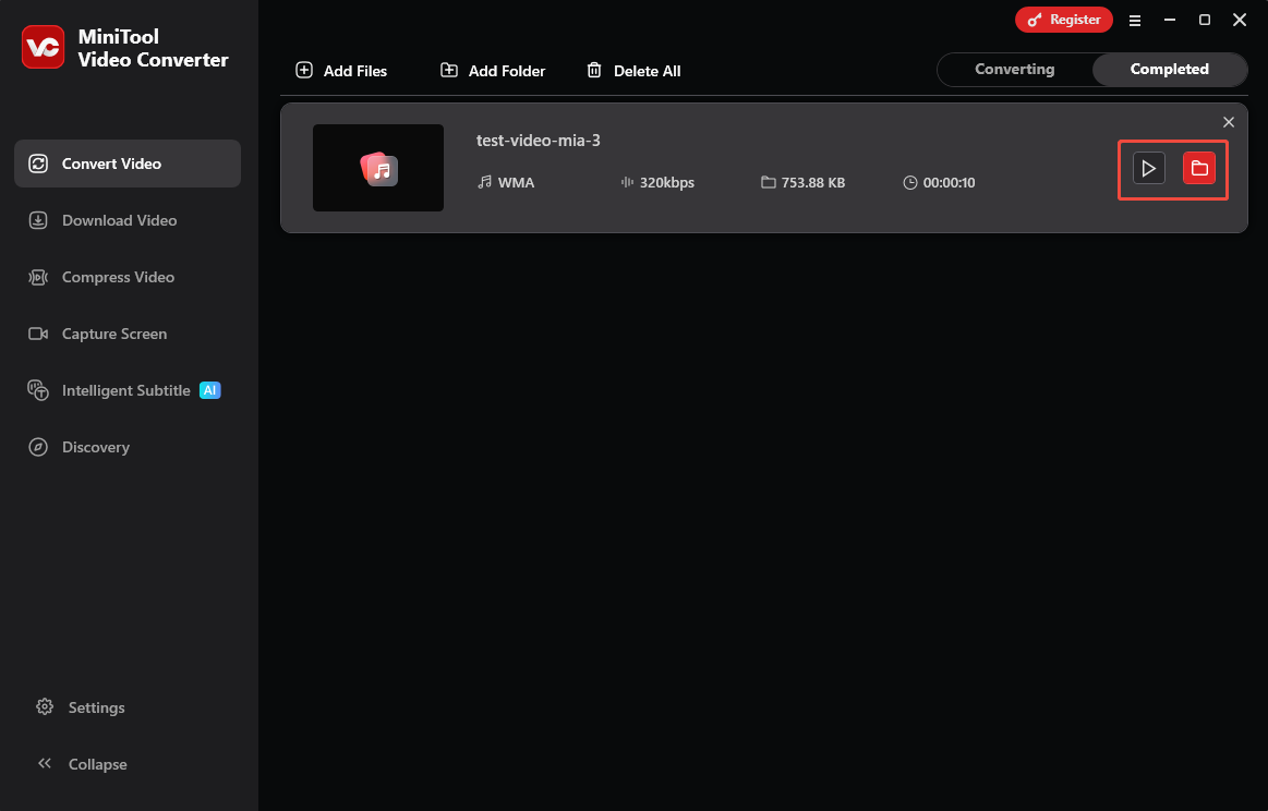 MiniTool Video Converter interface with the play icon and the folder icon selected under the Convert Video Completed tab.