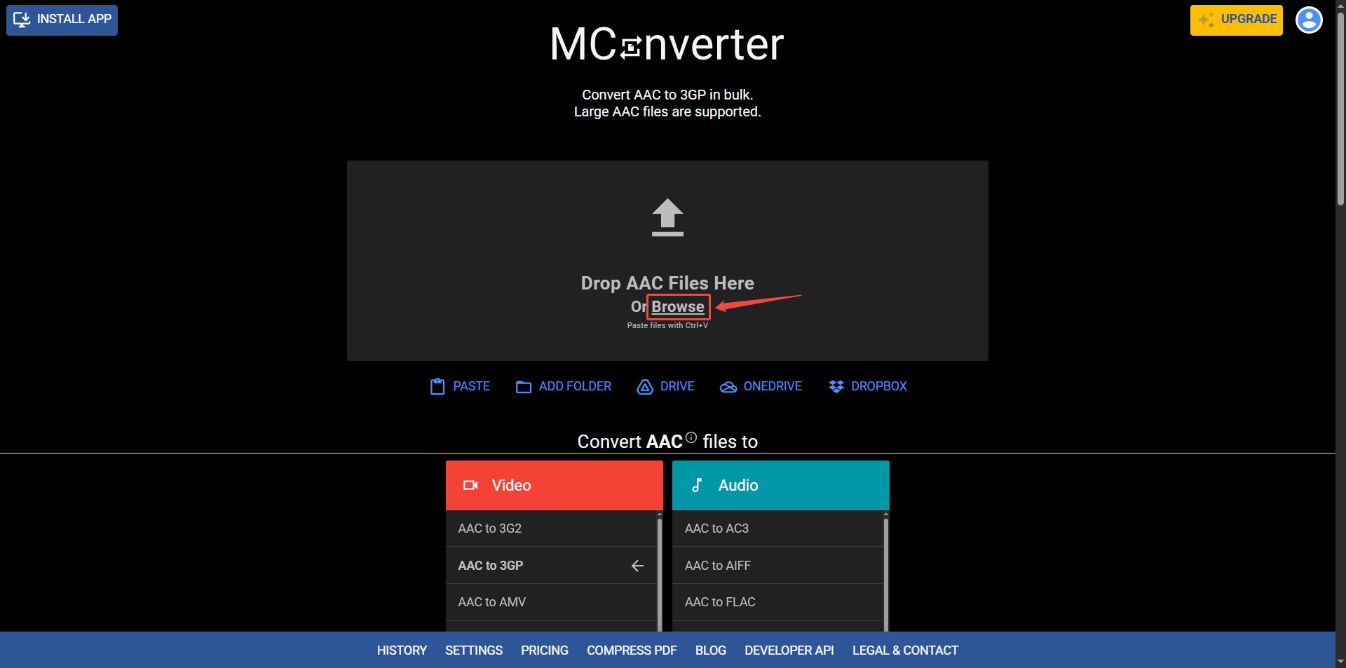 MConverter interface with the Browser option selected.