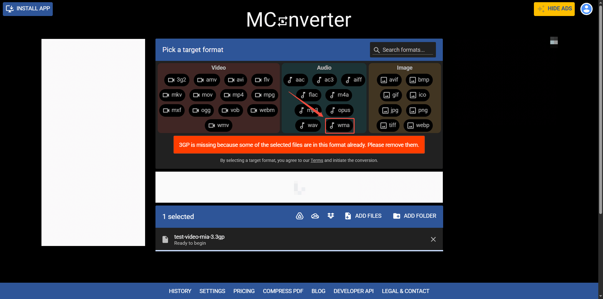 MConverter interface with the wma option selected in the Audio section.