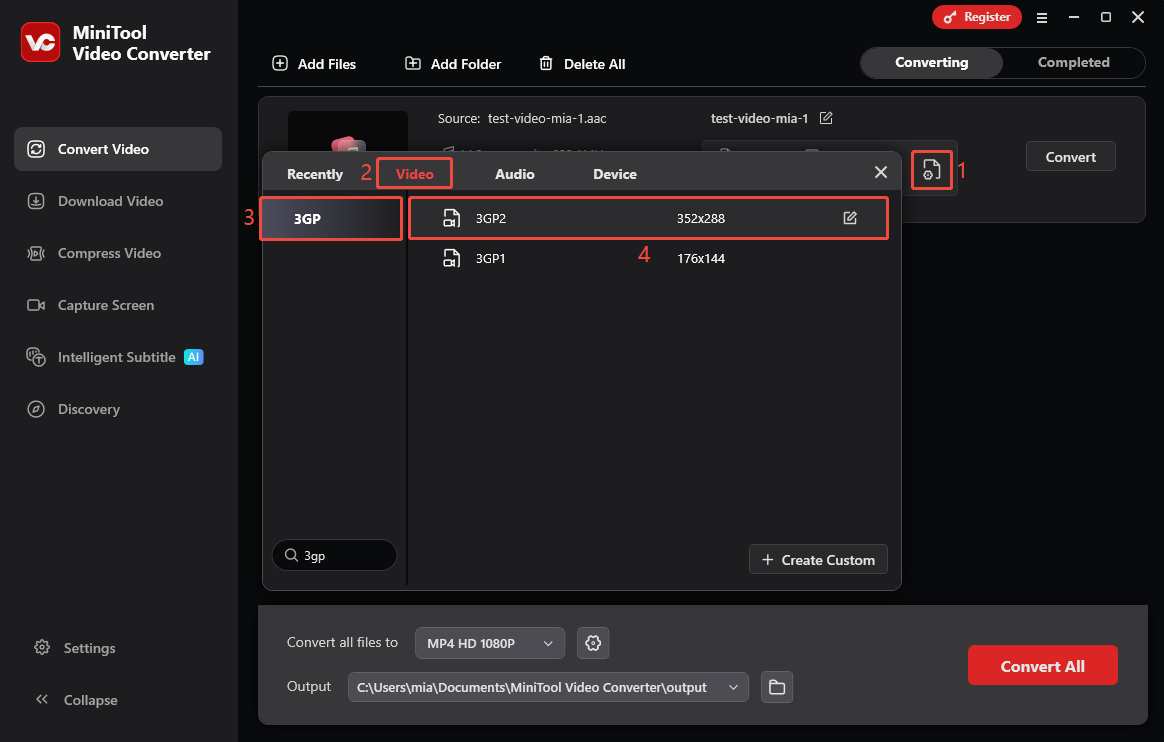 MiniTool Video Converter interface showing how to choose 3GP as output format.