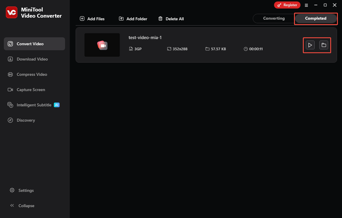 MiniTool Video Converter interface with the play icon and the folder icon selected under the Convert Video Completed tab.
