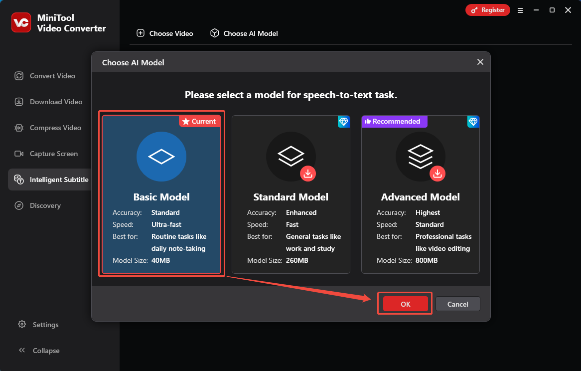 MiniTool Video Converter Choose AI Model window with the Basic Model option and the OK button selected.