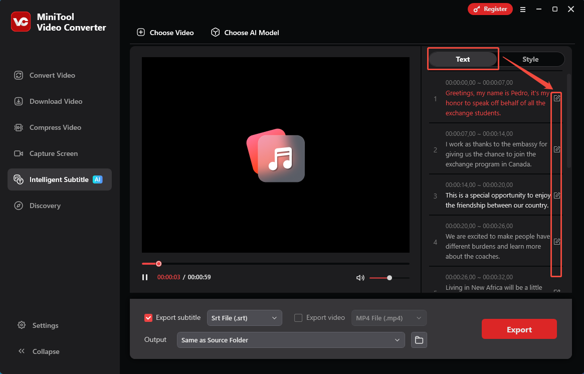 MiniTool Video Converter Intelligent Subtitle interface with the Text tab and the Edit icons selected.
