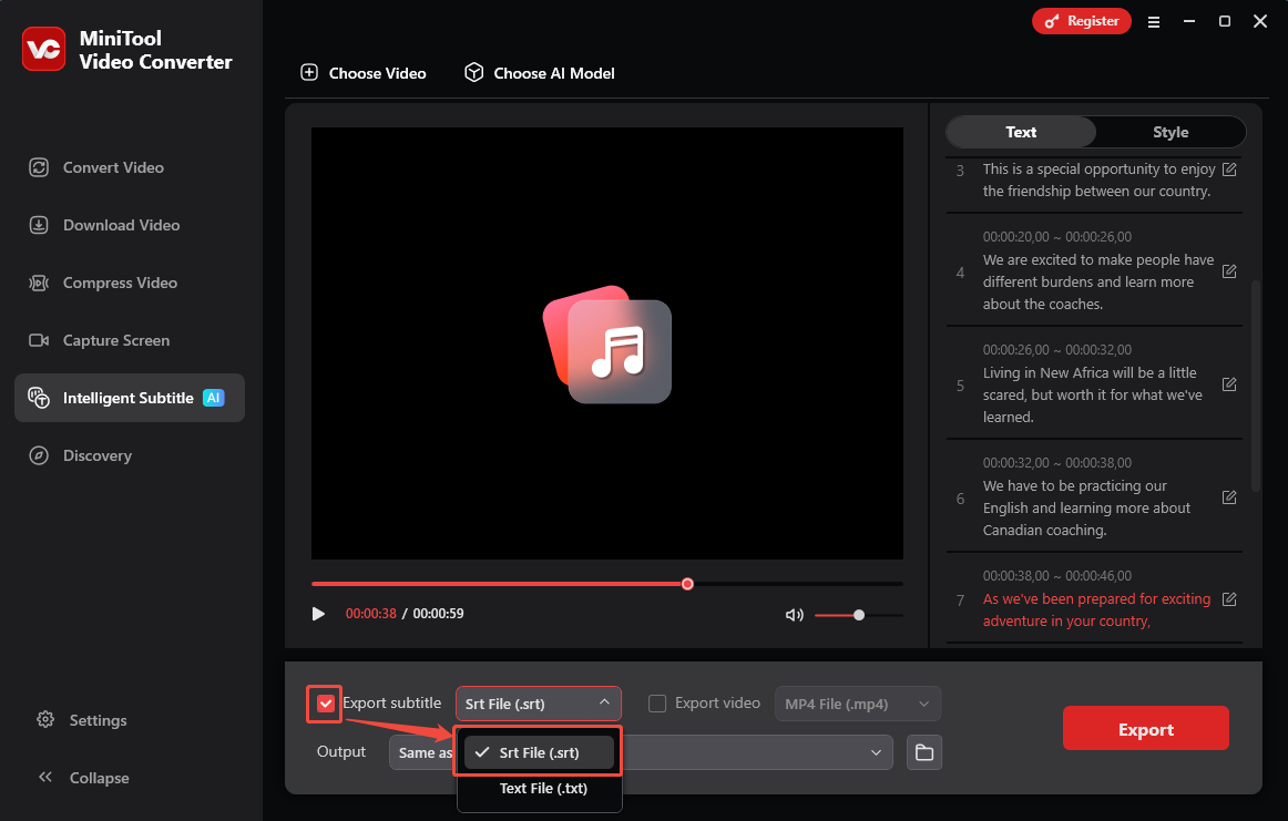 MiniTool Video Converter Intelligent Subtitle interface with the Export subtitle option checked and the Srt File option selected.