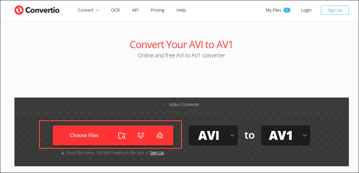 Convertio interface with the Choose Files option selected.