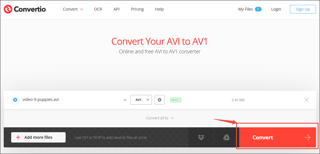 Convertio interface with the Convert button selected.