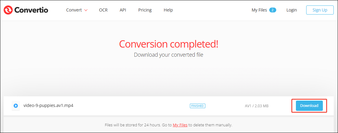 Convertio download page with the Download button selected.