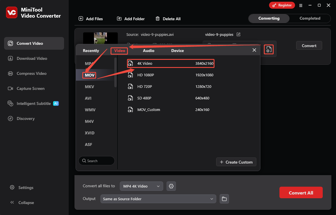 MiniTool Video Converter output format window showing how to set MOV as the output format.