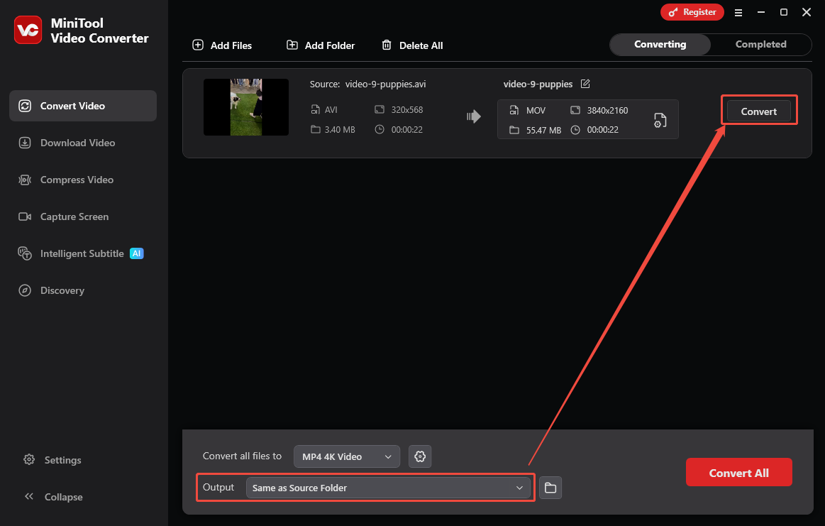 MiniTool Video Converter interface with the Output option and the Convert button selected.