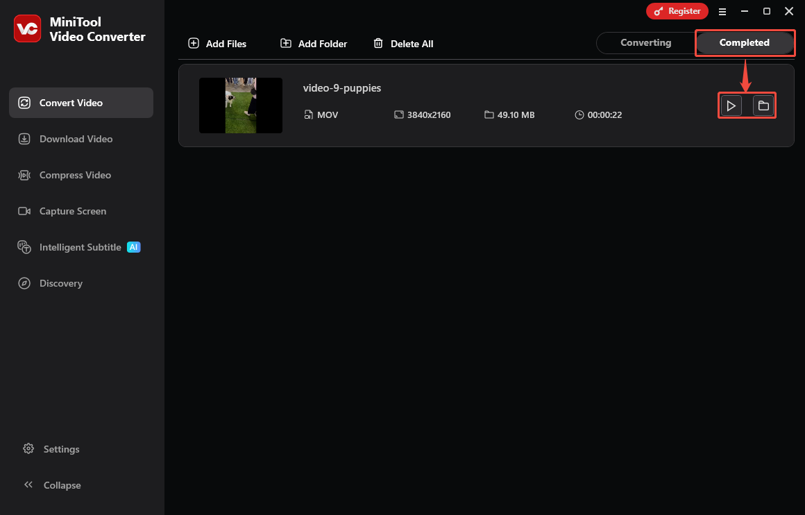 MiniTool Video Converter Completed tab with the Play icon and the Folder icon selected.