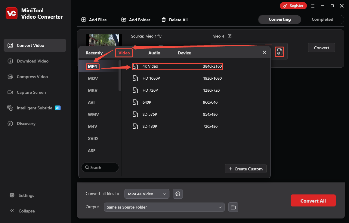MiniTool Video Converter output format settings showing how to set MP4 as the output format in the Convert Video tab.