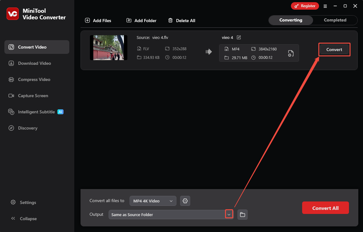 MiniTool Video Converter interface with the Output option and the Convert button selected in the Convert Video tab.