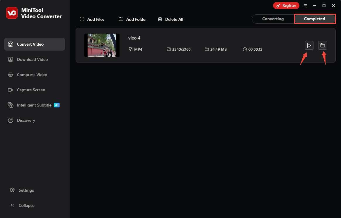 MiniTool Video Converter Completed tab with the Play icon and the Folder icon selected in the Convert Video tab.