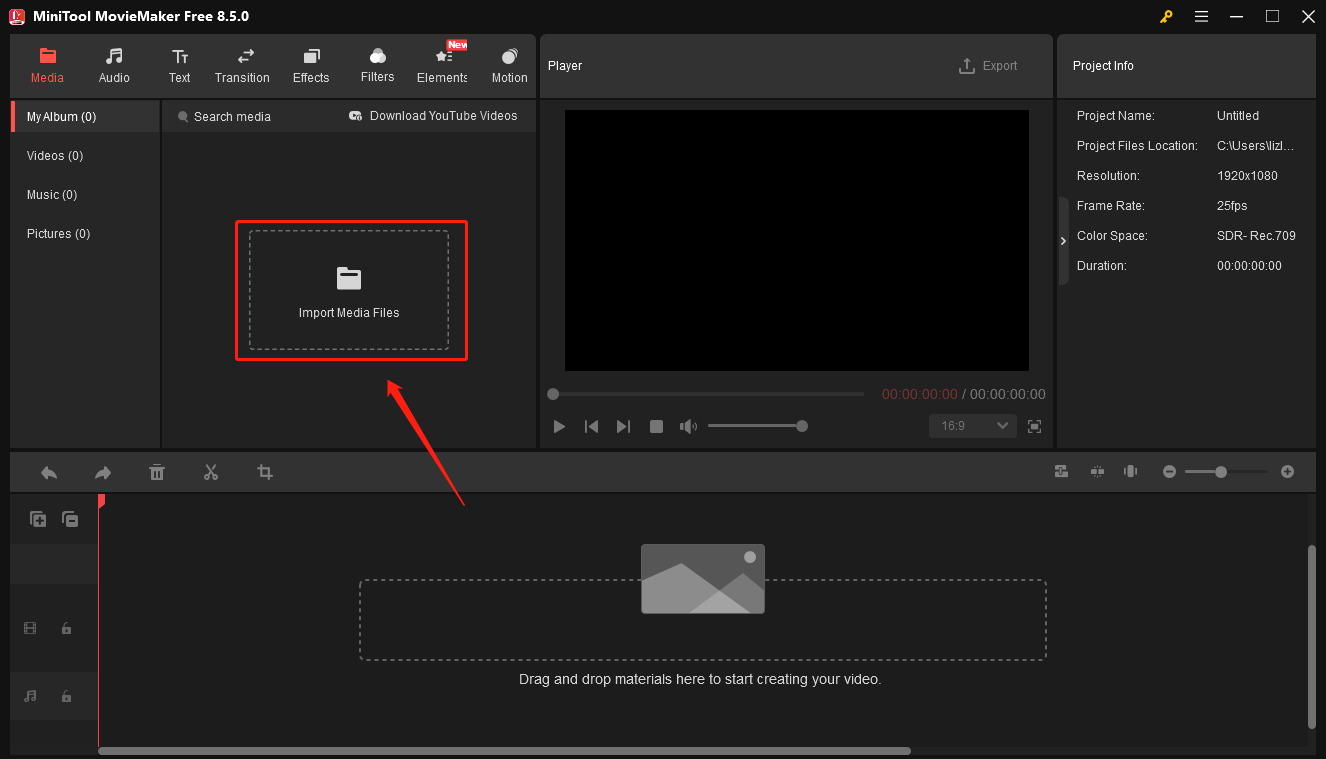 MiniTool MovieMakerで「Import Media Files」をクリックしている様子