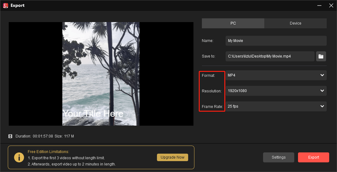MiniTool MovieMakerで出力形式を設定している様子