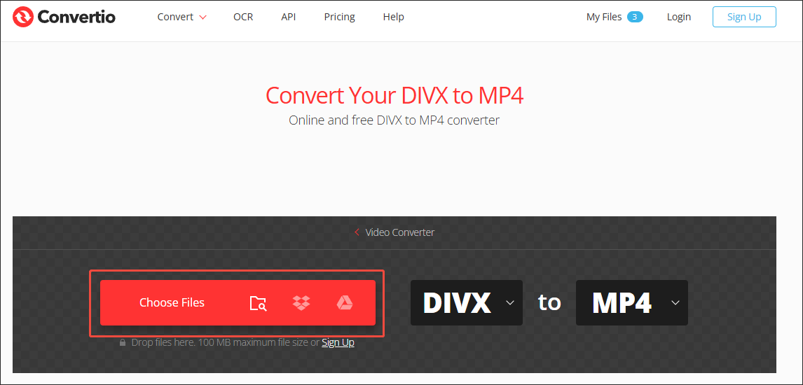 Klicken Sie in Convertio auf Dateien auswählen, um Ihre DIVX-Videos hochzuladen.
