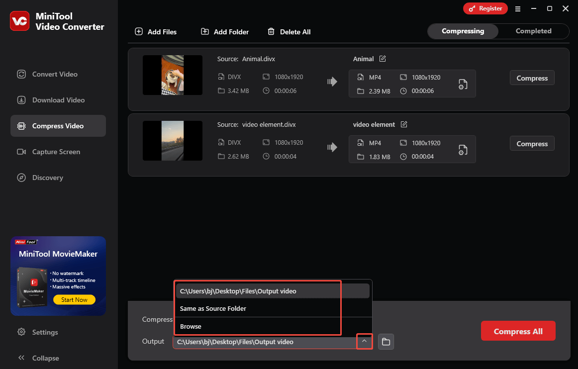 Erweitern Sie die Option Ausgabe auf der Registerkarte Video komprimieren von MiniTool Video Converter, um einen Speicherpfad für die komprimierten Videos auszuwählen.