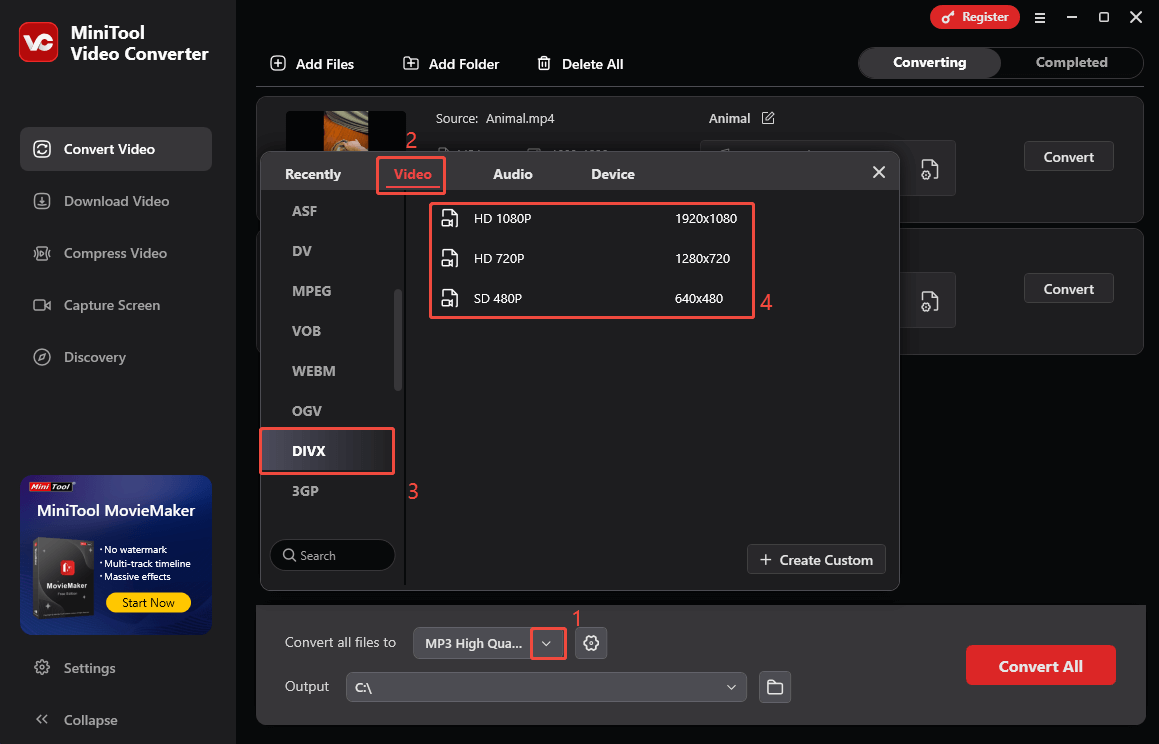 Erweitern Sie die Option Alle Dateien konvertieren in in MiniTool Video Converter und wählen Sie DIVX als Ausgabeformat.