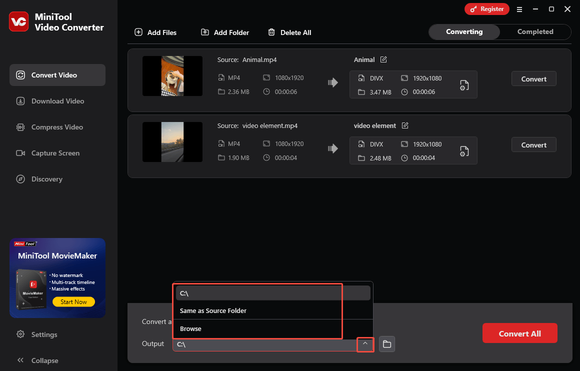 Erweitern Sie die Option Ausgabe auf der Registerkarte Video konvertieren in MiniTool Video Converter, um einen Zielordner für die konvertierten Dateien auszuwählen.