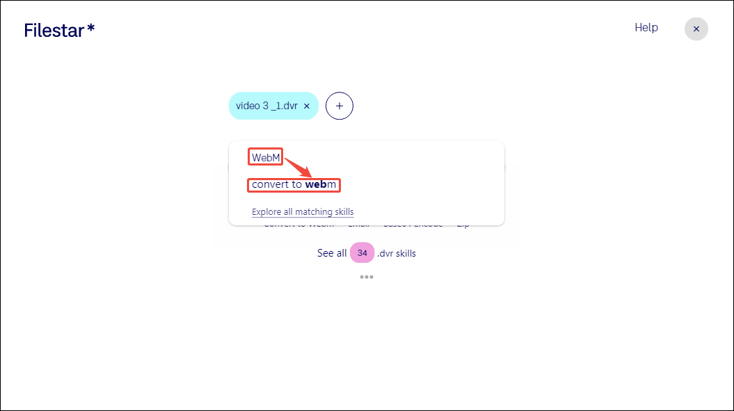 Filestar interface with the WebM option and the convert to webm option marked.