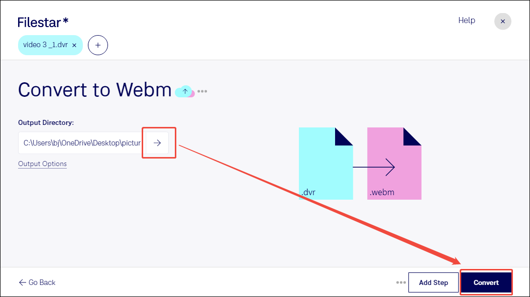 Filestar conversion page with the Output Directory option and the Convert button marked.