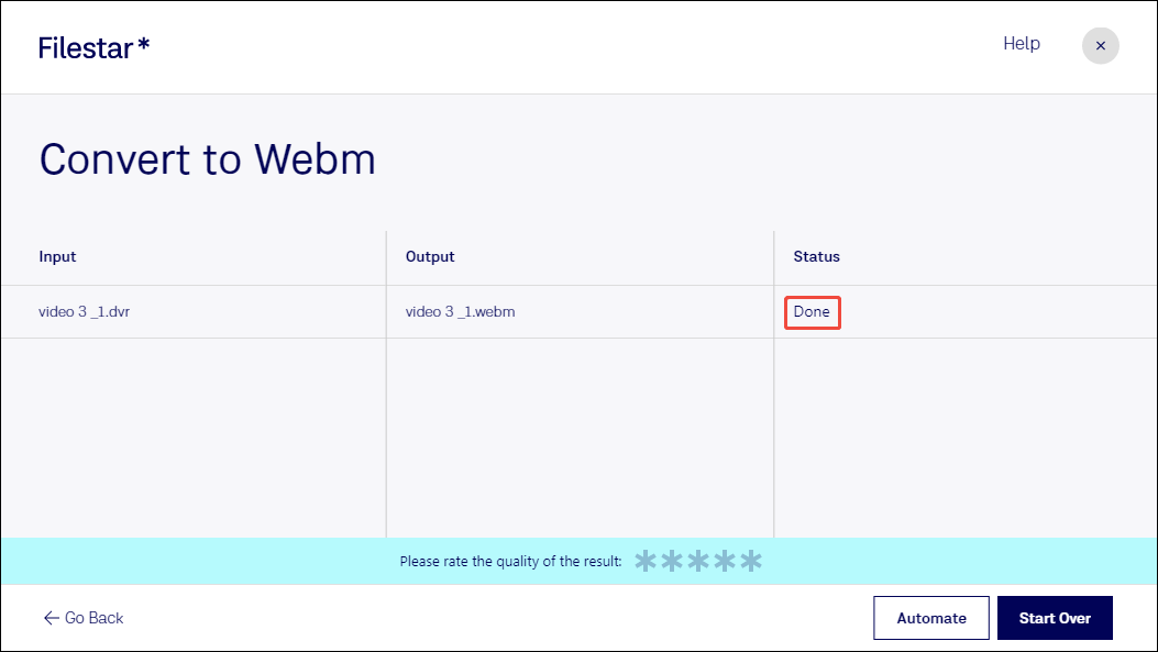 Filestar conversion progress page with the Done status marked.
