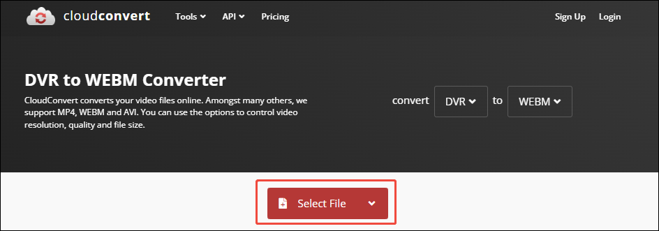 CloudConvert interface with the Select File option marked.