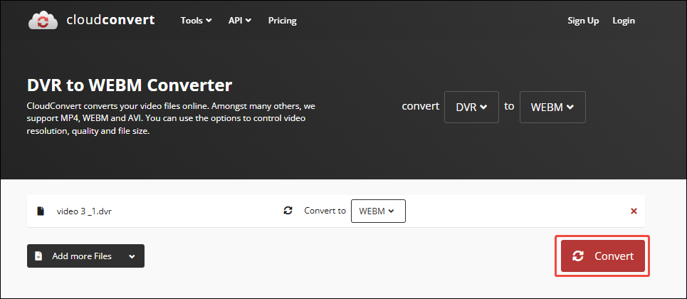 ClouConvert interface with the Convert button marked.