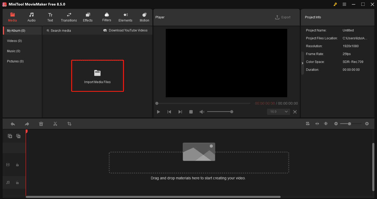 MiniTool MovieMakerで「Import Media Files」エリアをクリックしている様子