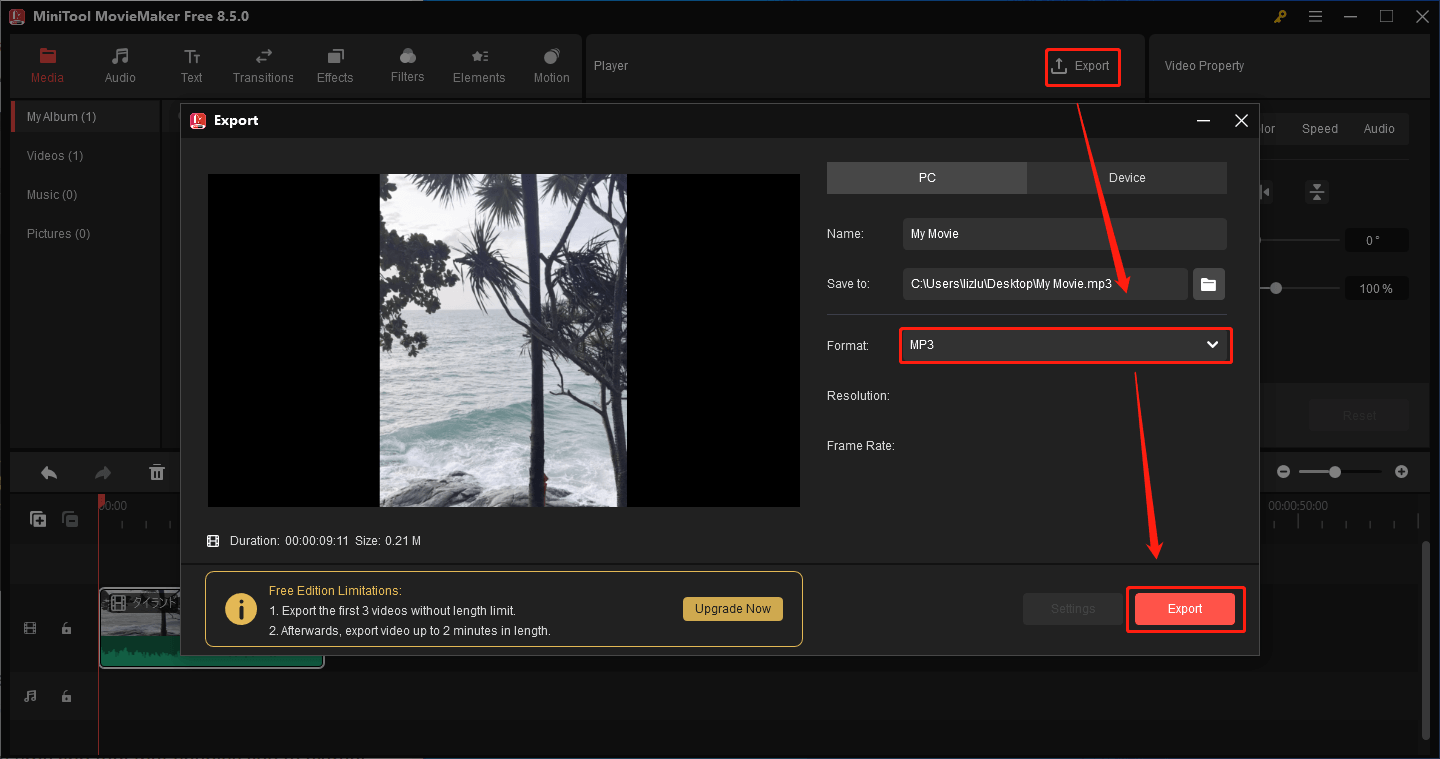 MiniTool MovieMakerのエクスポートウィンドウでMP3を選択している様子