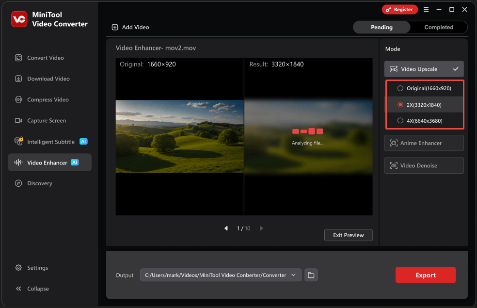 The Video Enhancer interface of MiniTool Video Converter with the video upscale output magnification options selected.