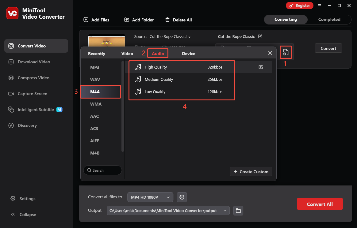 MiniTool Video Converter interface showing how to choose M4A as the output format and how to select the quality.