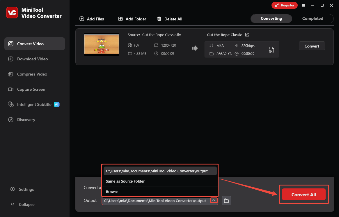 MiniTool Video Converter Convert Video interface showing how to set the destination folder and start conversion.