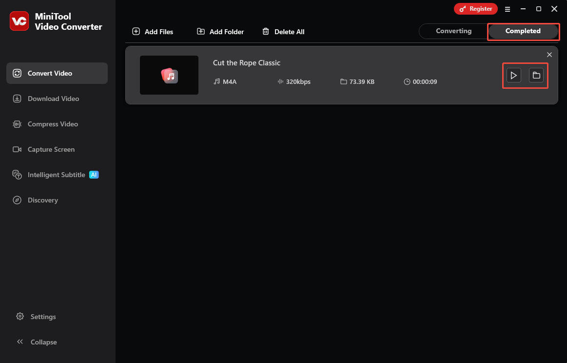 MiniTool Video Converter Convert Video interface with the folder icon and the play icon selected under the Completed tab.