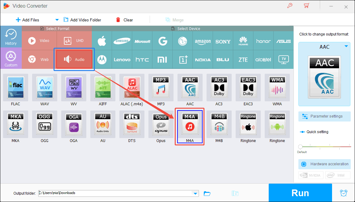 HD Video Converter Factory Pro output format interface with the Audio option and the M4A option selected.