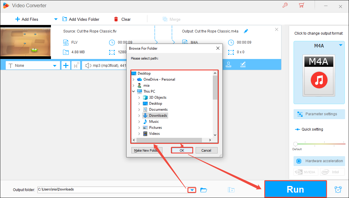 HD Video Converter Factory Pro interface showing how to choose the save location and start conversion.