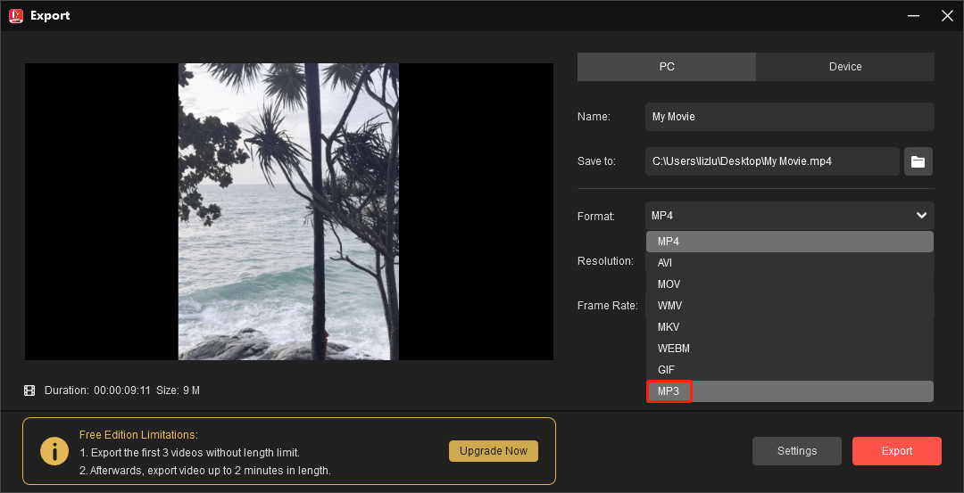MiniTool MovieMakerでMP3を出力形式として設定している様子