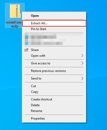 Windows right click context menu with the Extract All option selected for a zip file.