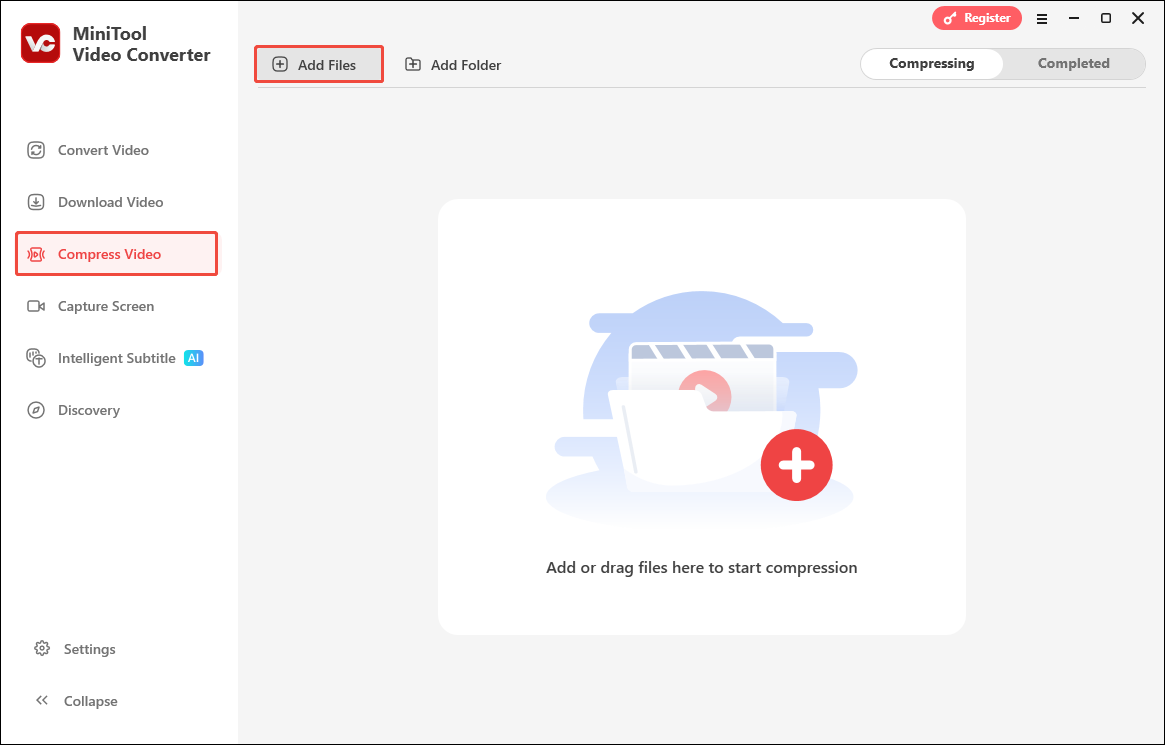 MiniTool Video Converter interface with the Compress Video tab and the Add Files option selected.
