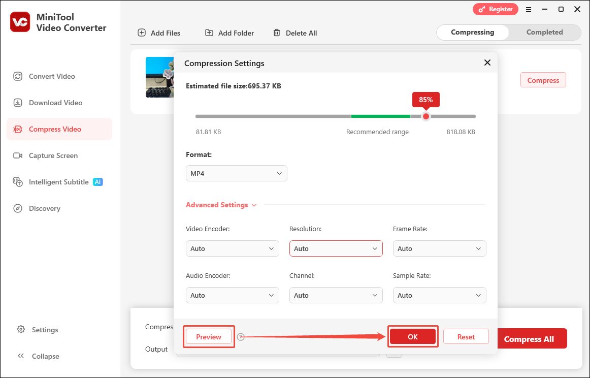 MiniTool Video Converter Compression Settings window showing how to preview the video and confirm settings.
