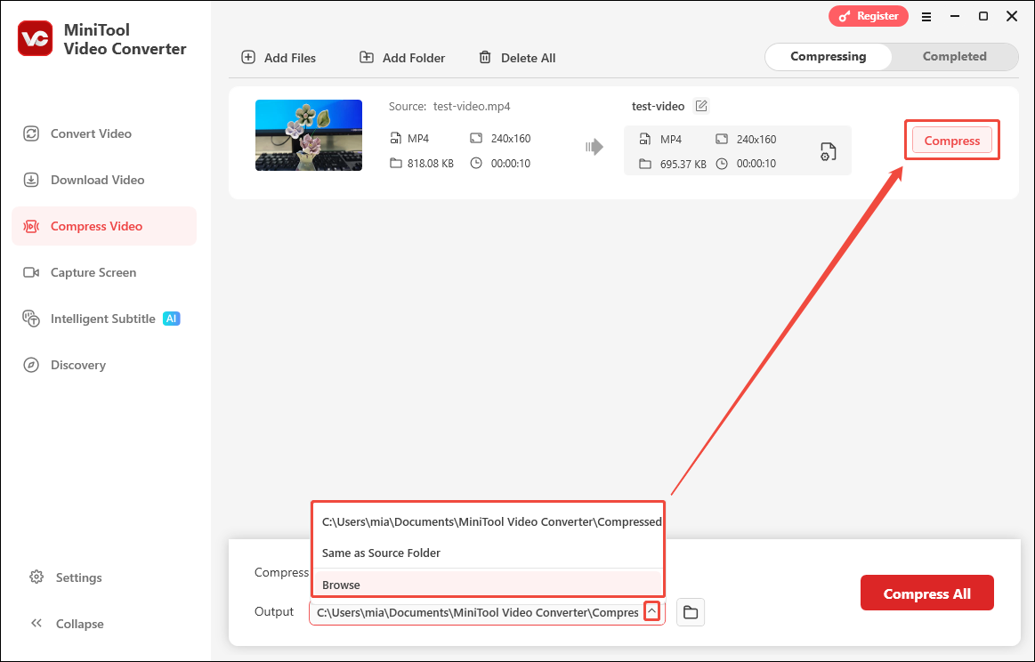MiniTool Video Converter Compress Video interface showing how to set the save location and start compression.