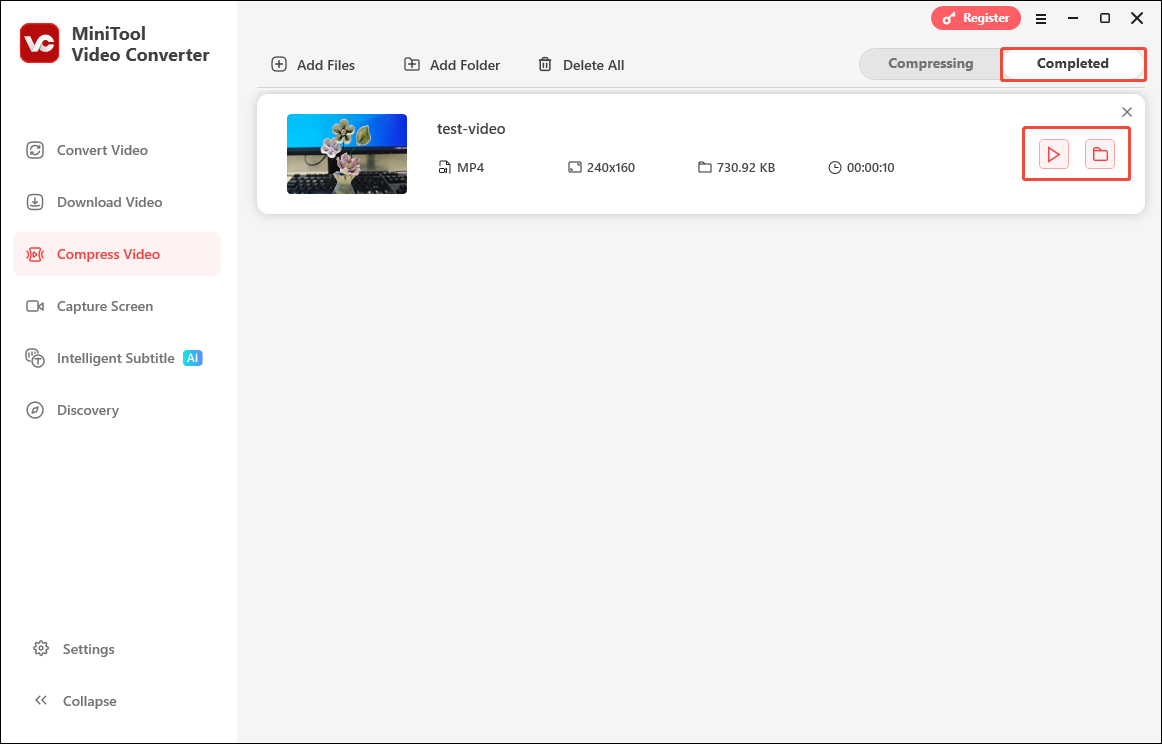 MiniTool Video Converter Compress Video interface with the play icon and the folder icon selected under the Completed tab.