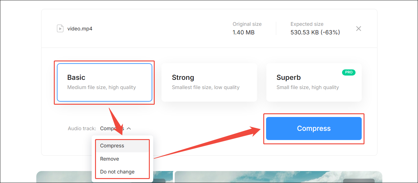 Clideo compression page showing how to choose the compression level and start compressing.