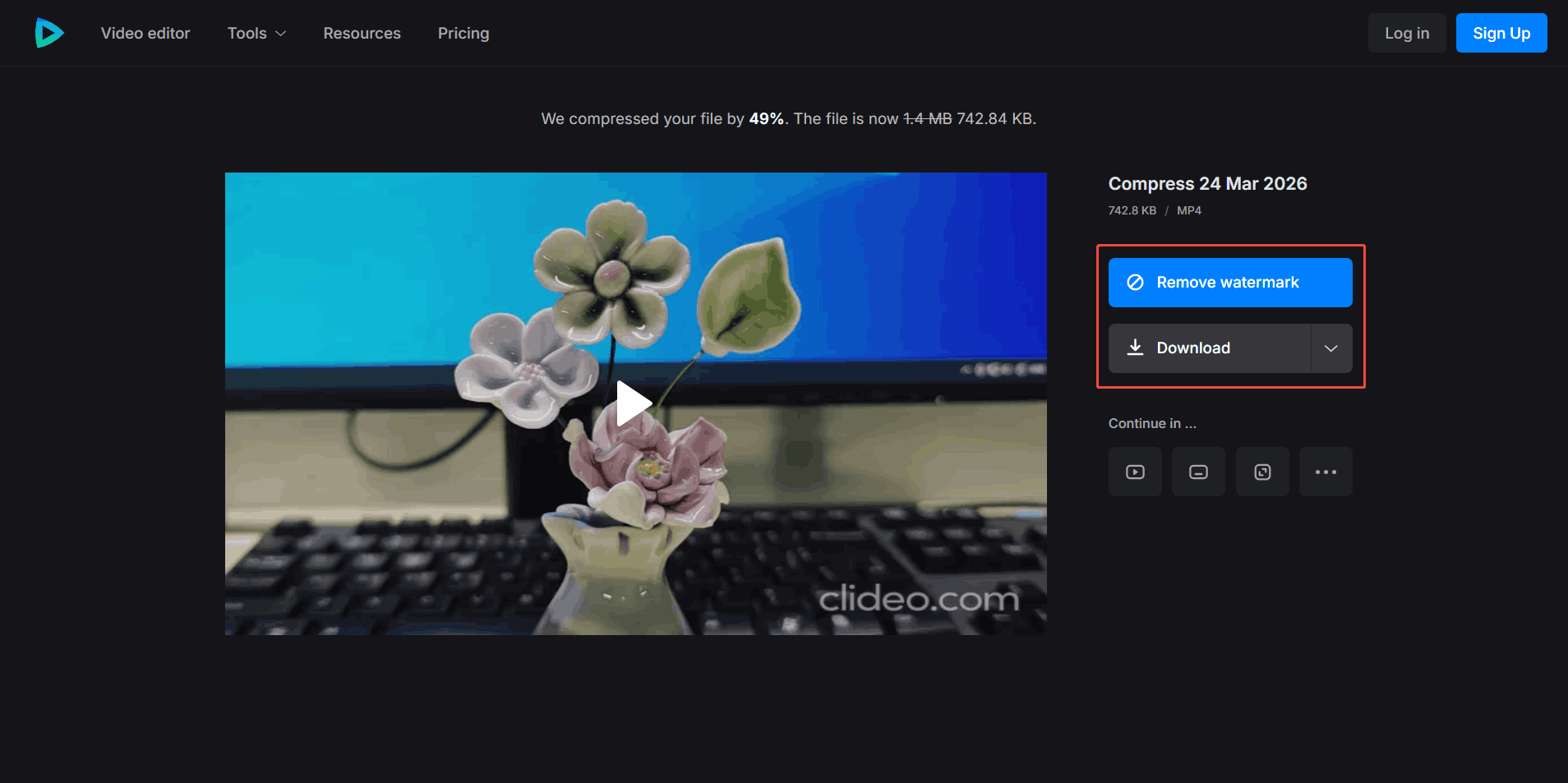 Clideo download page with the Remove watermark option and the Download option selected.