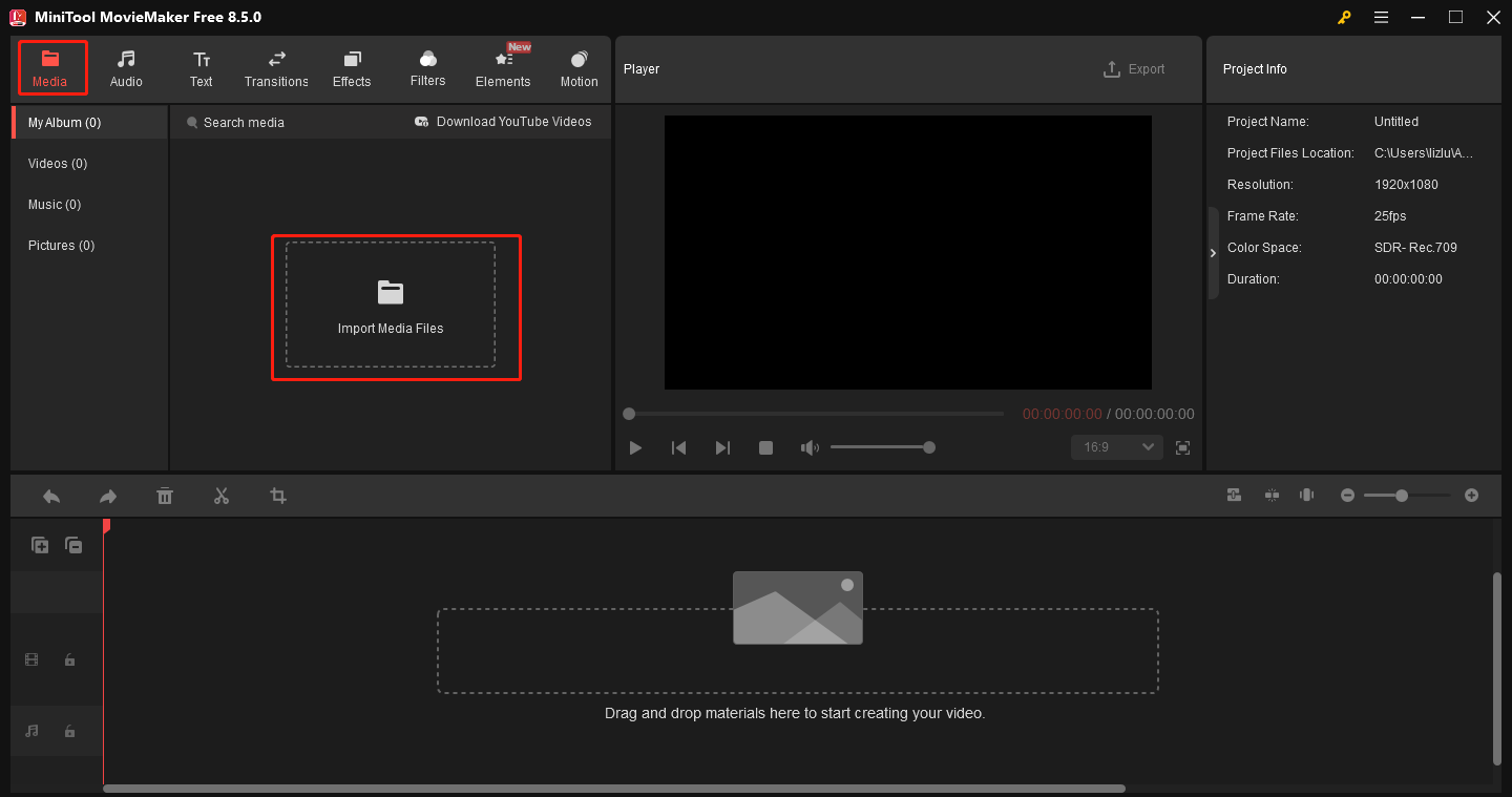 MiniTool MovieMakerで「Import Media Files」エリアをクリックしている様子