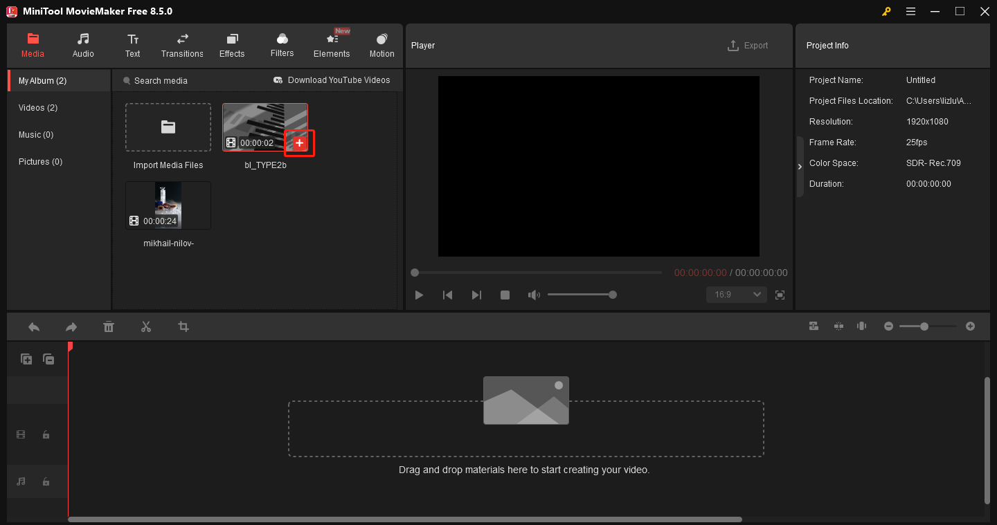 MiniTool MovieMakerでプラスアイコンをクリックしている様子